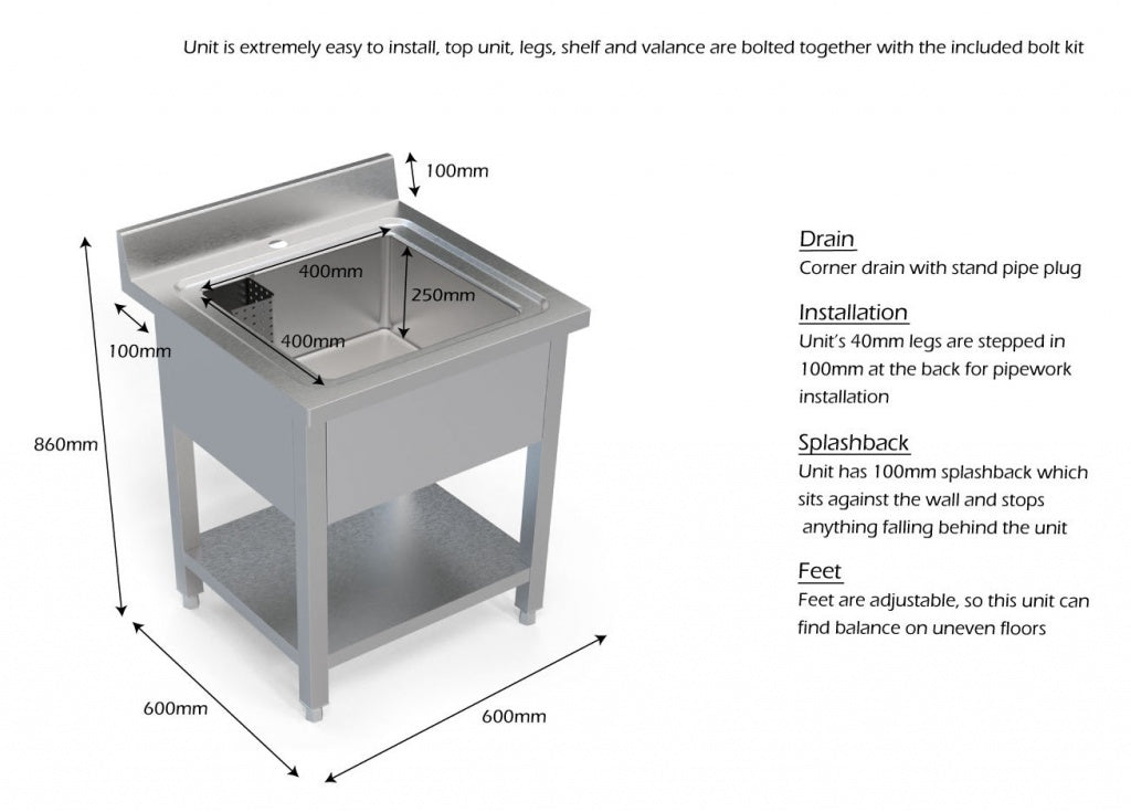 600MM COMMERCIAL STAINLESS STEEL SINGLE BOWL SINK