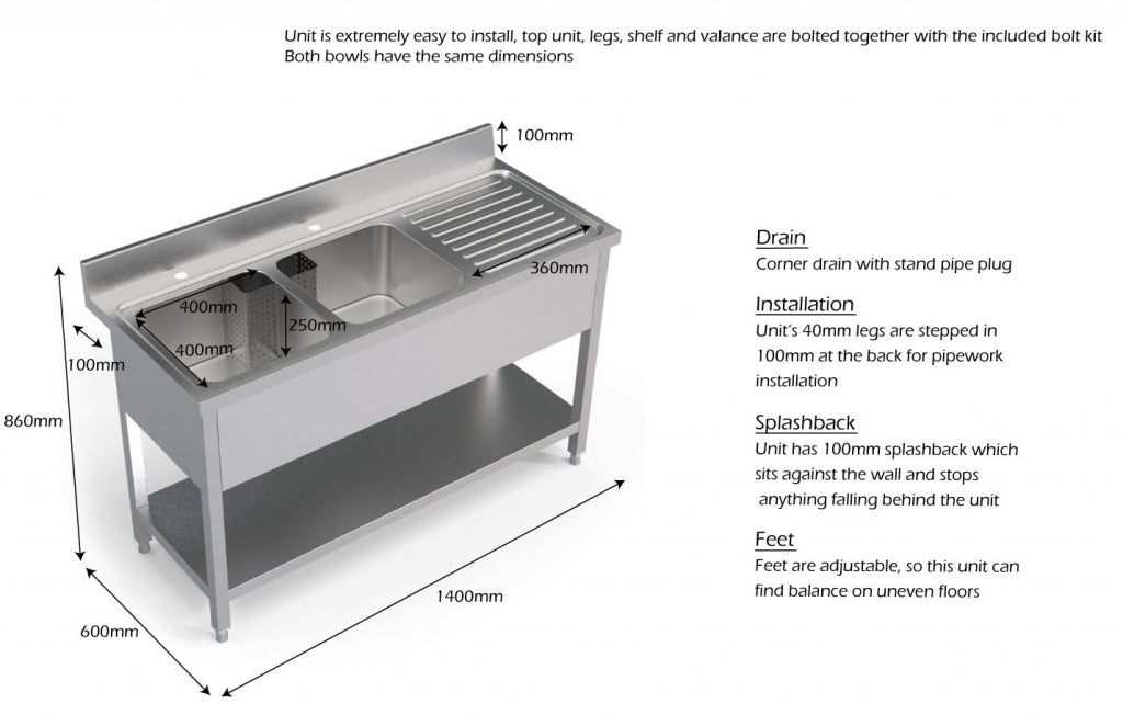 1.4M COMMERCIAL STAINLESS STEEL RHD DOUBLE BOWL SINK - 600 Series