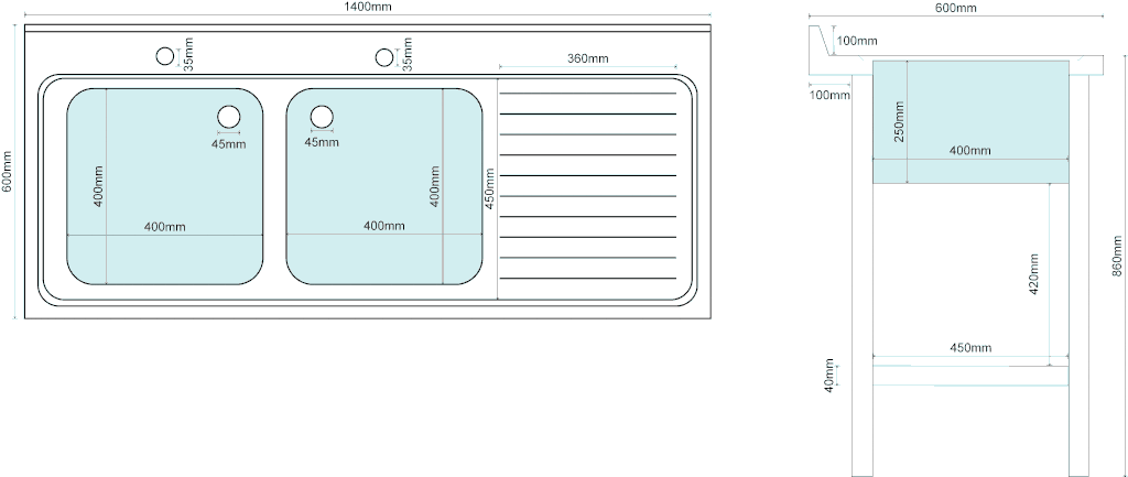 1.4M COMMERCIAL STAINLESS STEEL RHD DOUBLE BOWL SINK - 600 Series