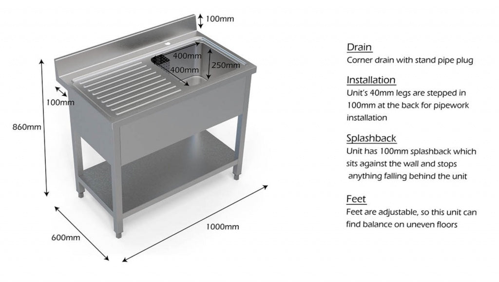 1M COMMERCIAL STAINLESS STEEL LHD SINGLE BOWL SINK - 600MM DEEP