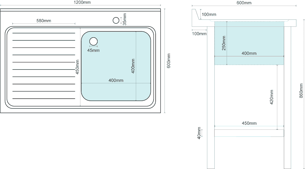 1.2M COMMERCIAL STAINLESS STEEL LHD SINGLE BOWL SINK - 600MM DEEP