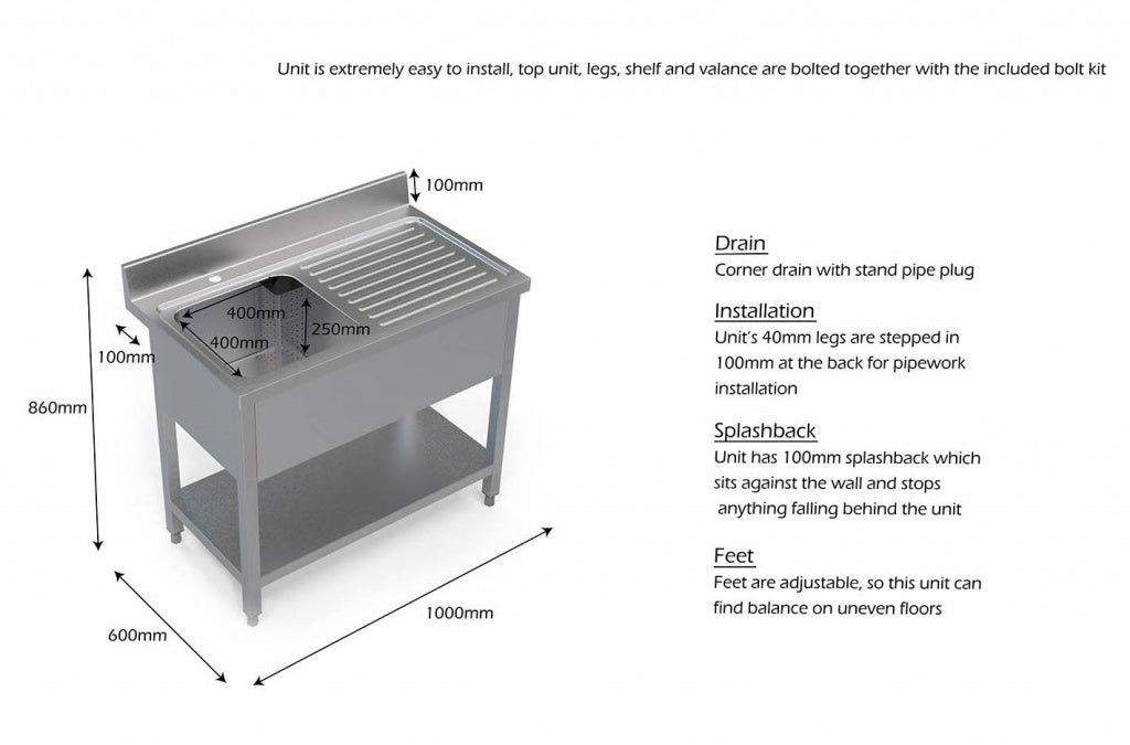 1M COMMERCIAL STAINLESS STEEL RHD SINGLE BOWL SINK - 600MM DEEP