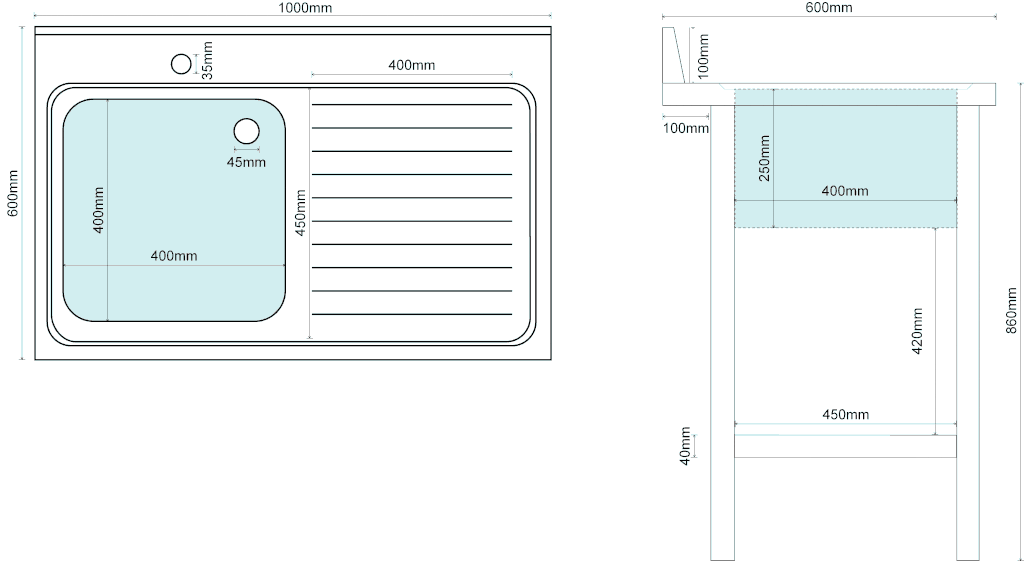 1M COMMERCIAL STAINLESS STEEL RHD SINGLE BOWL SINK - 600MM DEEP