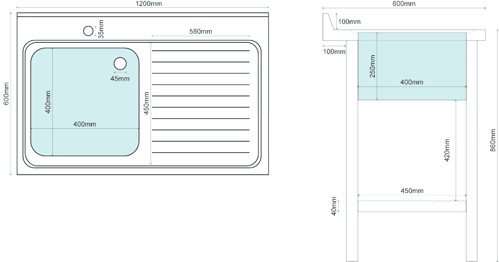 1.2M COMMERCIAL STAINLESS STEEL RHD SINGLE BOWL SINK - 600MM DEEP