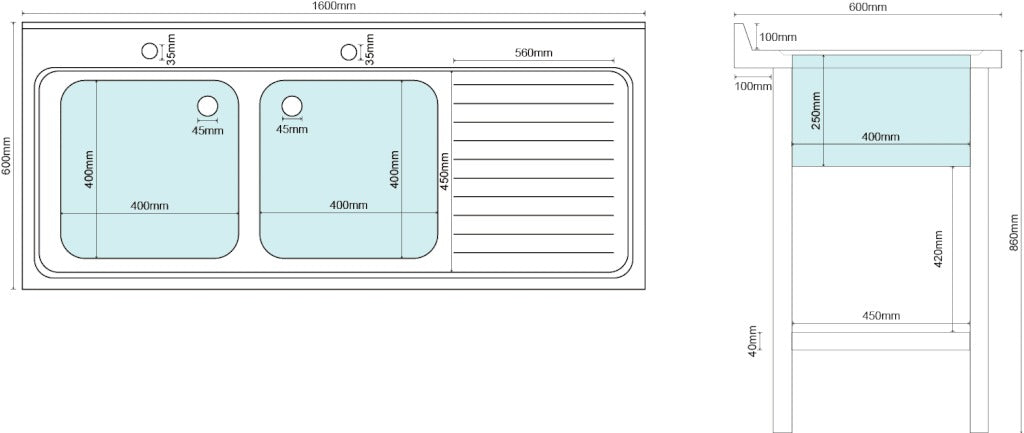 1.6M COMMERCIAL STAINLESS STEEL RHD DOUBLE BOWL SINK - 600MM DEEP