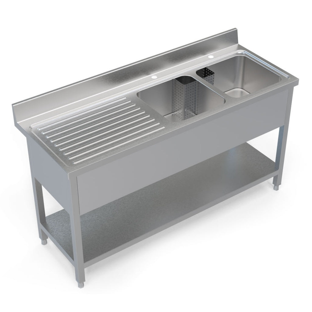 1.6M COMMERCIAL STAINLESS STEEL LHD DOUBLE BOWL SINK - 600MM DEEP