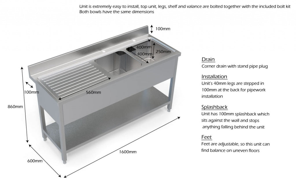 1.6M COMMERCIAL STAINLESS STEEL LHD DOUBLE BOWL SINK - 600MM DEEP