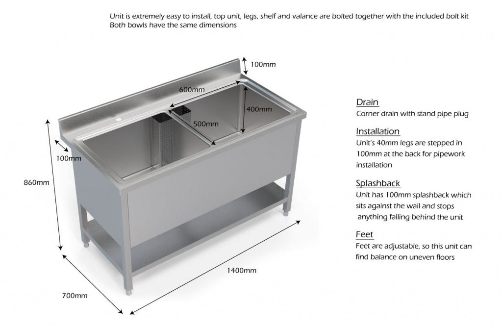 Stainless Steel Double Bowl Pot Wash Catering Sink