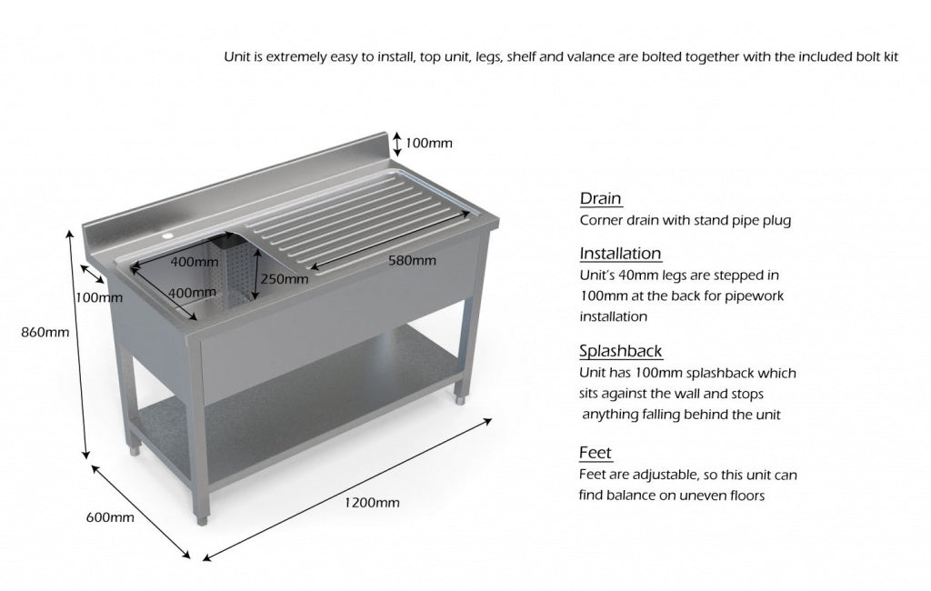 1.2M COMMERCIAL STAINLESS STEEL RHD SINGLE BOWL SINK - 600MM DEEP