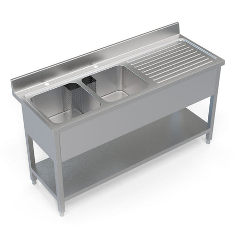 1.6M COMMERCIAL STAINLESS STEEL RHD DOUBLE BOWL SINK - 600MM DEEP