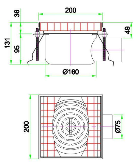 Combisteel Kitchen Drainage Floor Gully 200 x 200mm Fixed Horizontal - 7075.0120