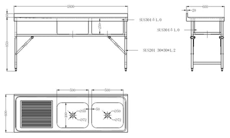 Combisteel Fold Down Mobile Stainless Steel Double Bowl Sink 1800mm - 7490.0280