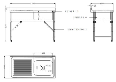 Combisteel Fold Down Mobile Stainless Steel Single Bowl Sink - 7490.0275